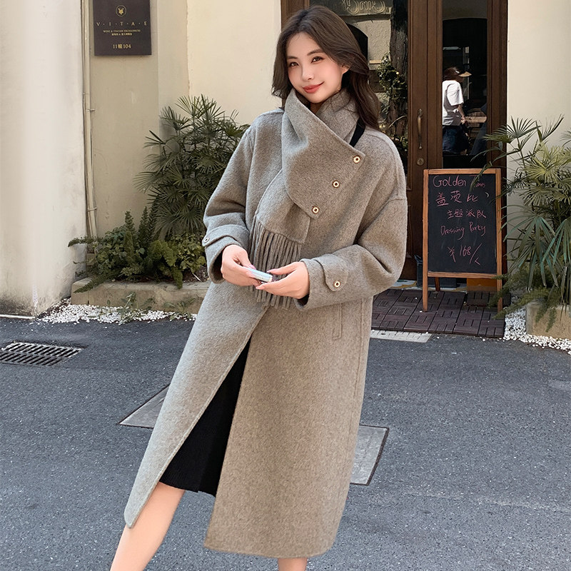 灰色双面羊绒呢子大衣女中长款2024秋冬新款围巾可拆羊毛毛呢外套图片