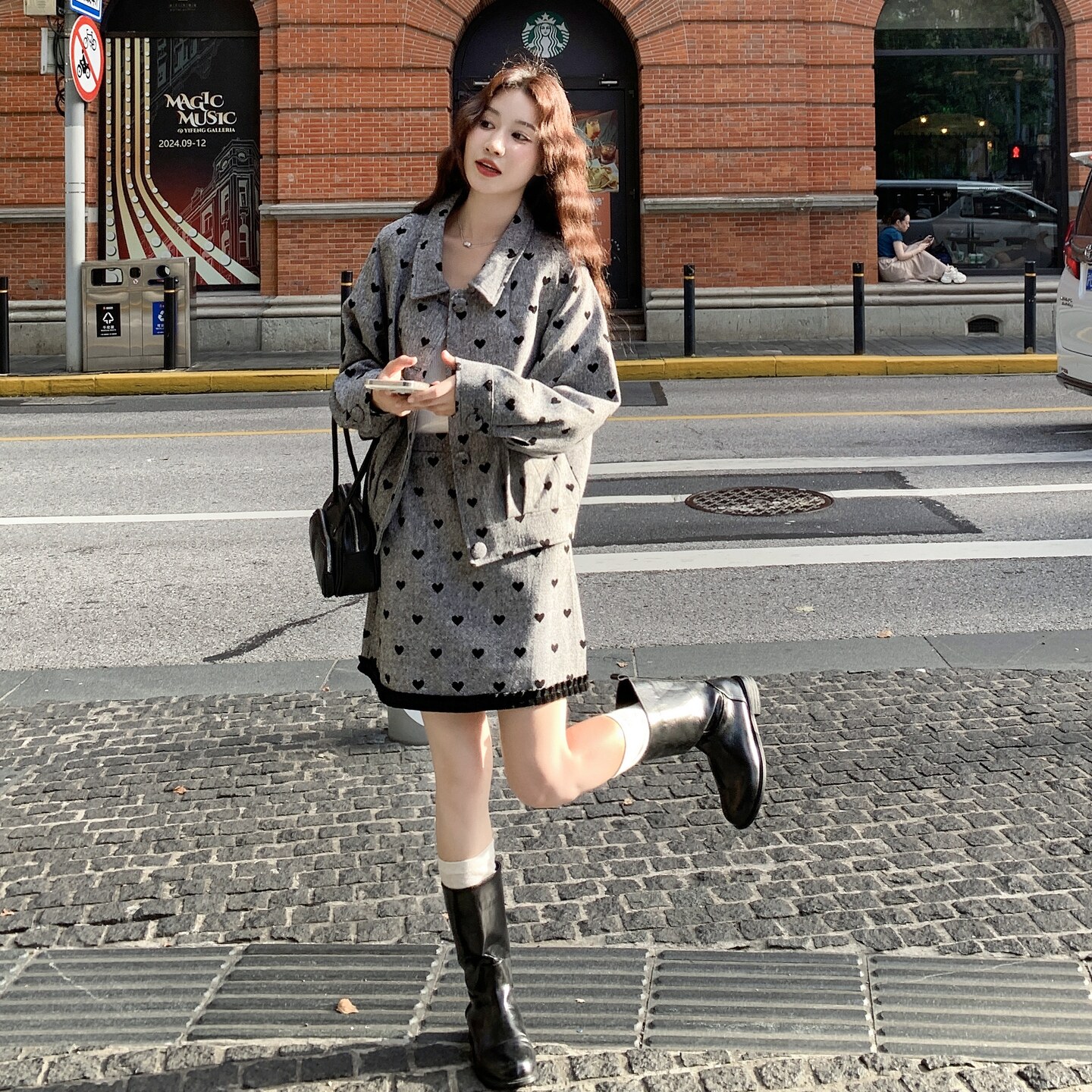 灰色碎花毛呢外套半身裙套装女秋冬2025新款超火小个子两件套爆款,女装套装/套裙,2C177