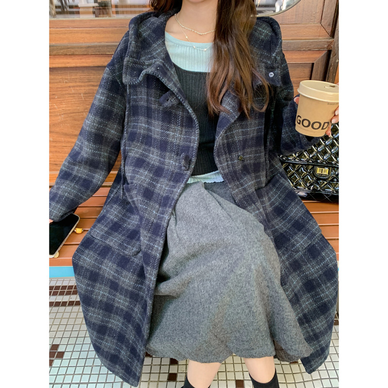 长款格子带帽呢子大衣2C107-99025-P320-K430,女装羊绒大衣,2C107