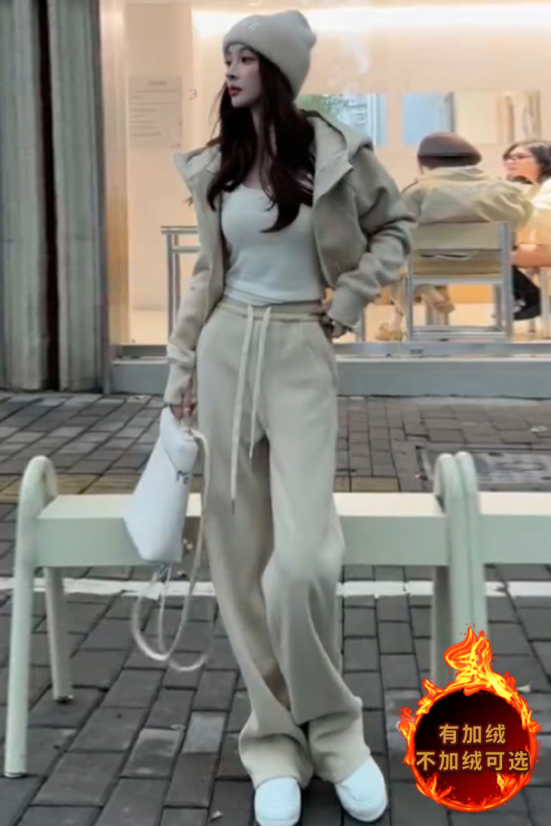 女秋冬韩系穿搭一整套洋气时尚高级感连帽卫衣长裤休闲两件套装潮,女装套装/套裙,2C310