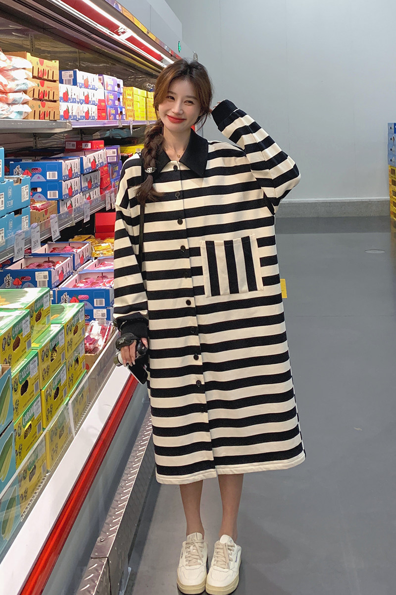 现货款号W1086条纹卫衣裙可做外套两穿P135K188,女装连衣裙,2D043