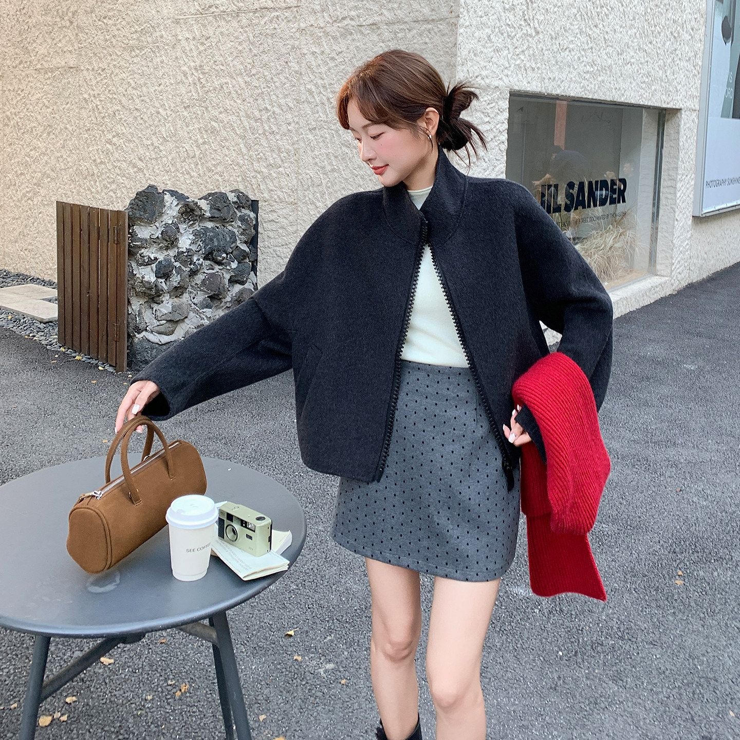 2B114 2120P230K320甜美立领休闲宽松短款羊绒大衣韩版学院风女装图片