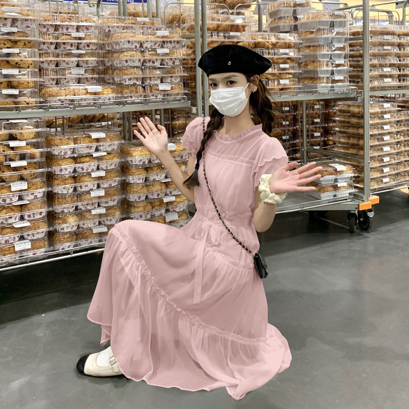 法式甜美减龄花边初恋连衣裙女2025夏季新款韩版收腰显瘦森系长裙,女装连衣裙,2C266