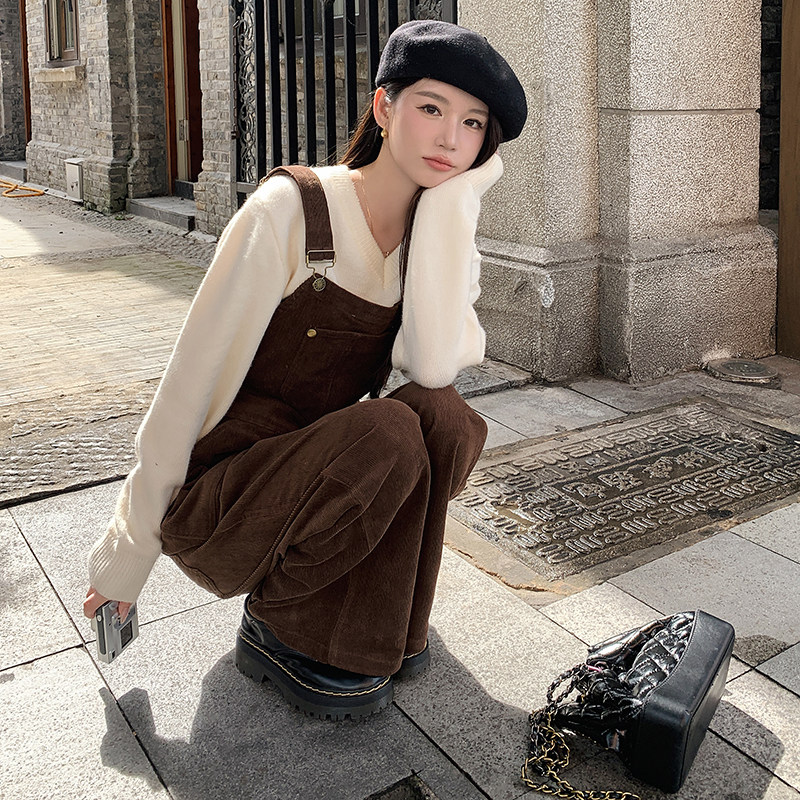 咖色灯芯绒背带裤春秋女2025新款学院风减龄休闲复古百搭阔腿长裤,女装连体裤,2C122