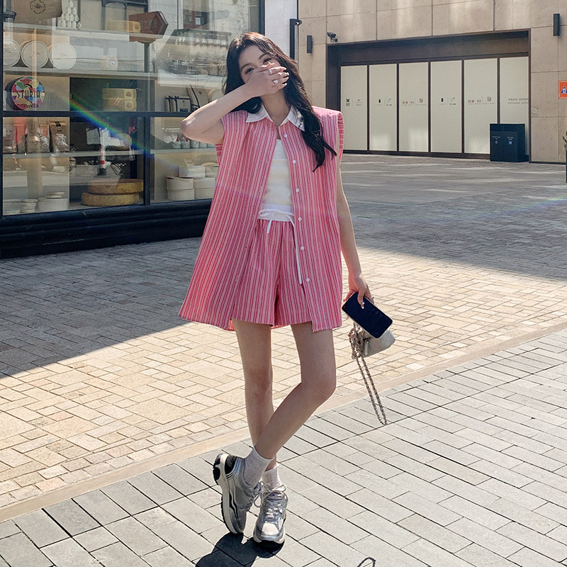 条纹休闲时尚套装女夏季2025新款无袖衬衫上衣高腰短裤减龄两件套,女装套装/套裙,2C112