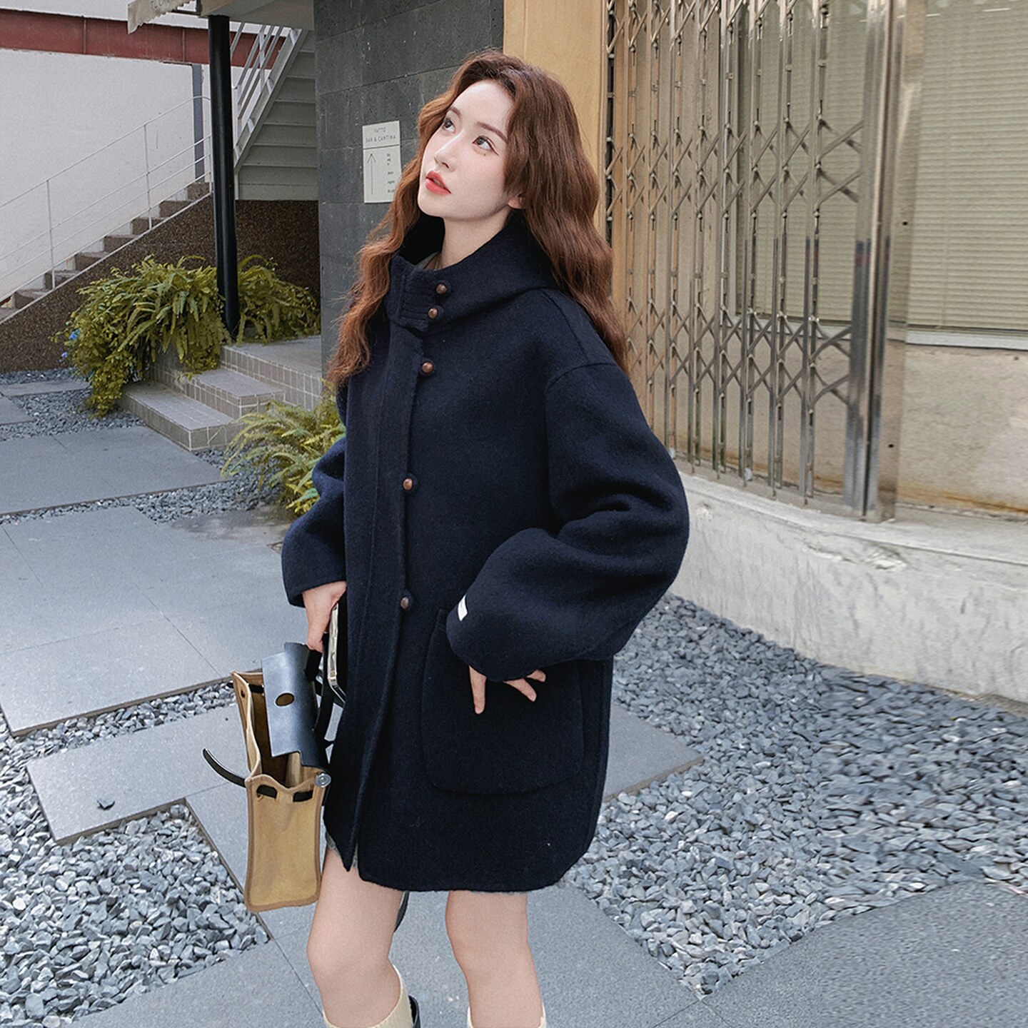 高端连帽双面羊毛绒大衣女中长款小个子2025新款高级感毛呢子外套,女装毛呢外套,2D008