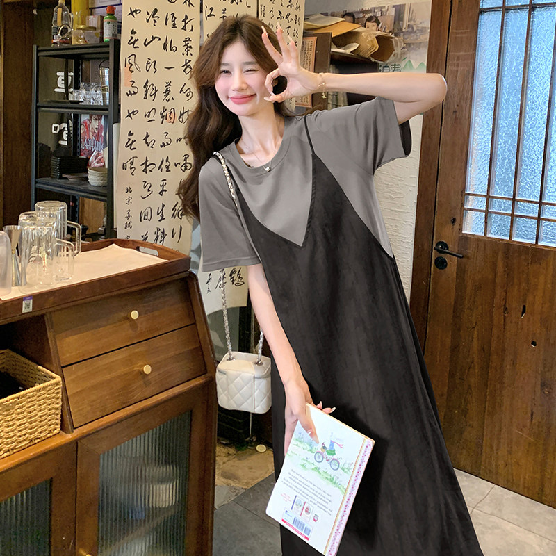 假两件拼接吊带连衣裙女2025夏季新款慵懒风复古宽松显瘦T恤裙潮,女装连衣裙,2C139