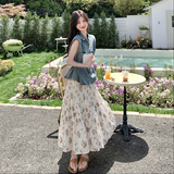 法式碎花半身裙套装女2025夏季新款时尚复古设计感牛仔马甲两件套，女装连衣裙，2C166