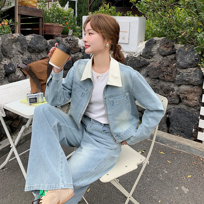 港味复古休闲套装女春秋2026新款超好看牛仔外套阔腿裤两件套,女装套装/套裙,2C218