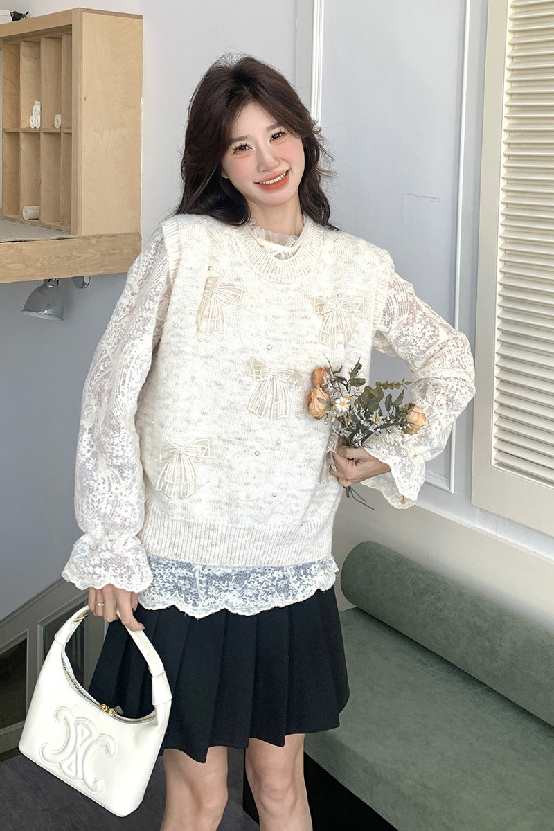 新品法式蕾丝打底衫+蝴蝶结毛衣马甲两件套5860-P125-K178,针织衫/毛衣,2C159