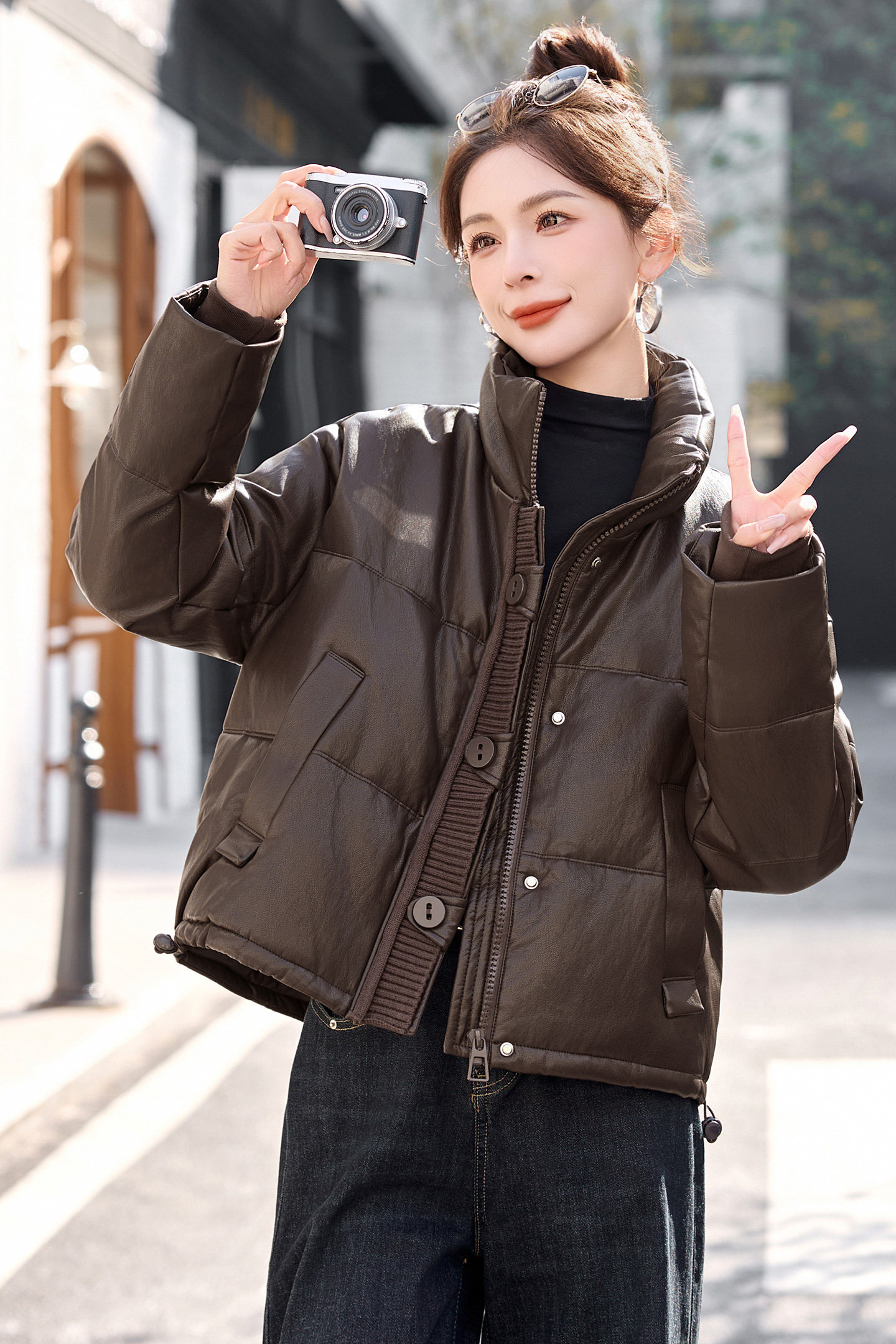 时尚针织拼接立领白鸭绒羽绒服皮衣短款,女装羽绒服,英标秀（1C119）