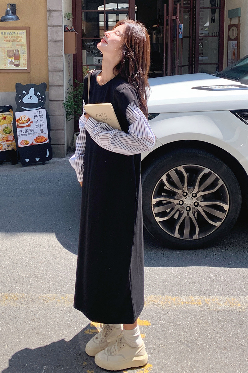 别致独特假两件黑色连衣裙女春秋2025新款慵懒风显瘦条纹拼接长裙,女装连衣裙,2C115