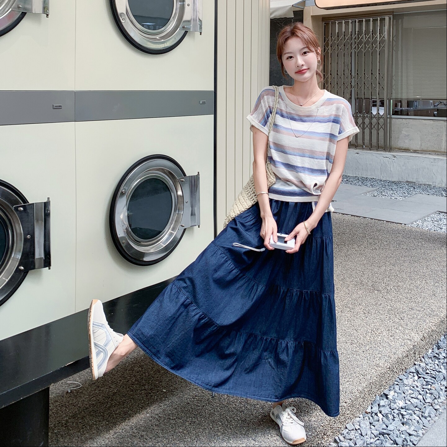 韩系穿搭一整套女夏季新款条纹短袖T恤上衣高腰显瘦半身裙两件套,女装套装/套裙,2C135