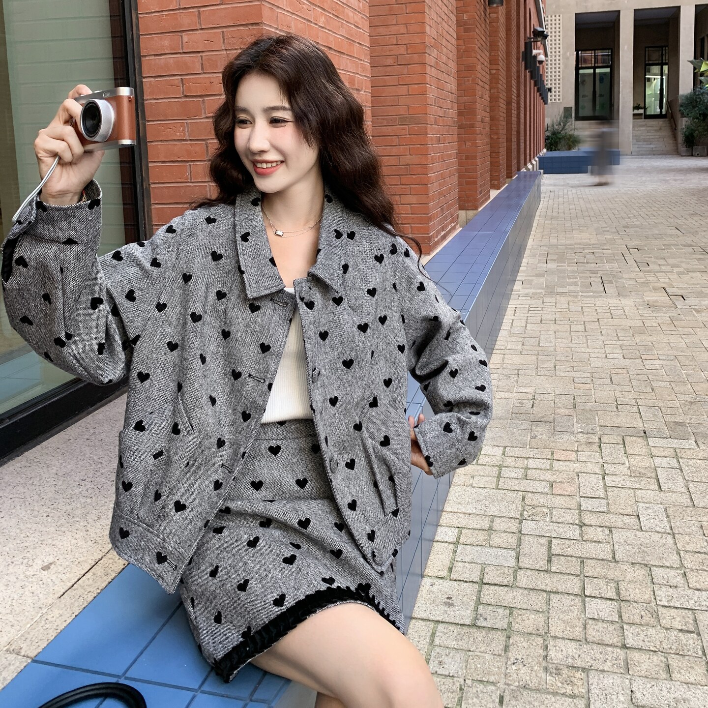 灰色碎花毛呢外套半身裙套装女秋冬2025新款超火小个子两件套爆款,女装套装/套裙,2C177