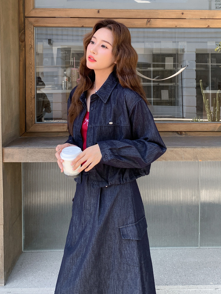 蓝色牛仔衬衫半身裙套装女春秋季2025新款松弛感巨好看两件套超火,女装套装/套裙,2D013
