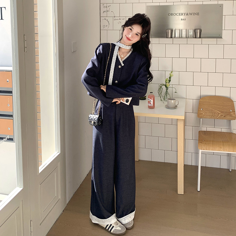 蕾丝拼接灰蓝色西装套装女春季流行韩风一整套ootd穿搭西服两件套,女装套装/套裙,2C203
