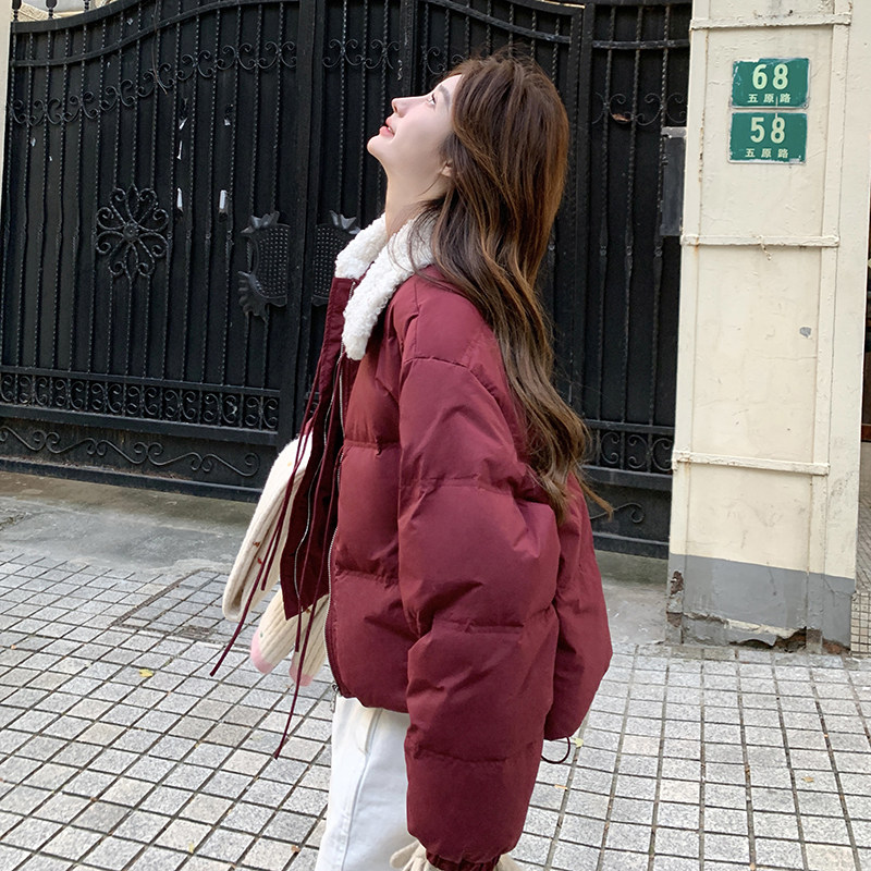 酒红色白鸭绒羽绒服羊羔毛翻领女冬季新款小个子加厚短款外套,女装羽绒服,2C009
