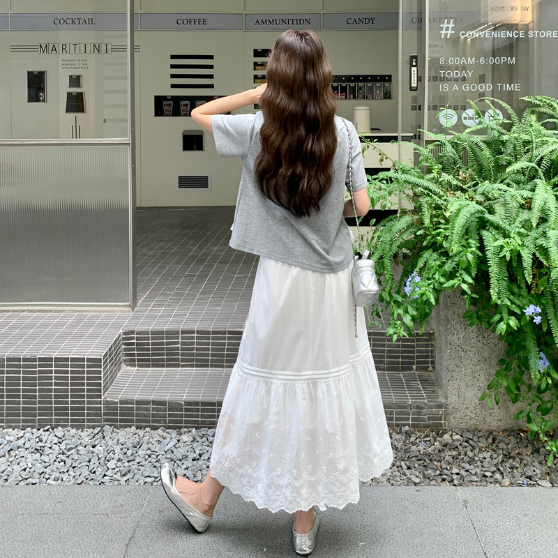 蕾丝拼接T恤半身裙套装女夏2025新款夏日绝美韩里韩气两件套爆款,女装套装/套裙,2D148