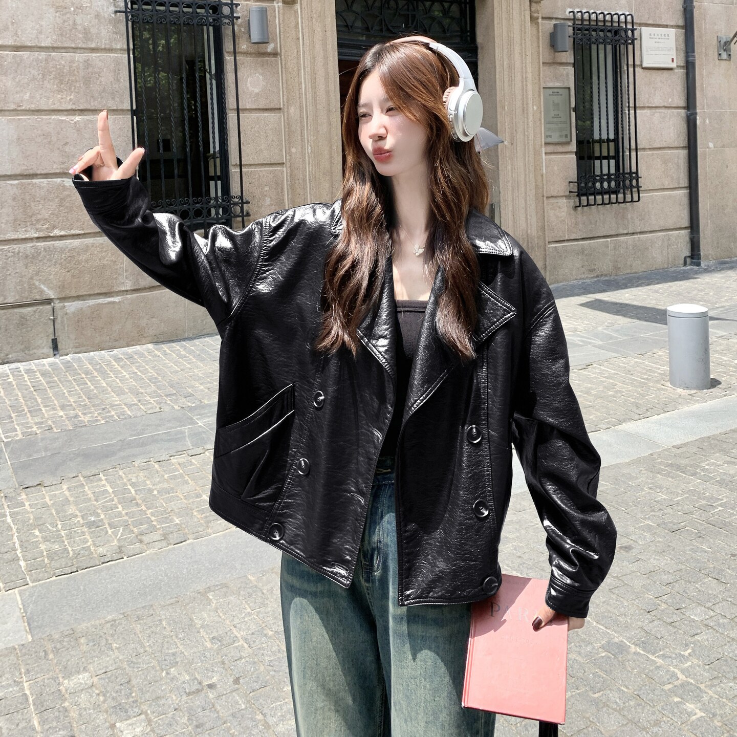 高级感复古港风咖色皮衣短外套女春秋2025新款小个子PU夹克巨好看,女装皮衣,2C177