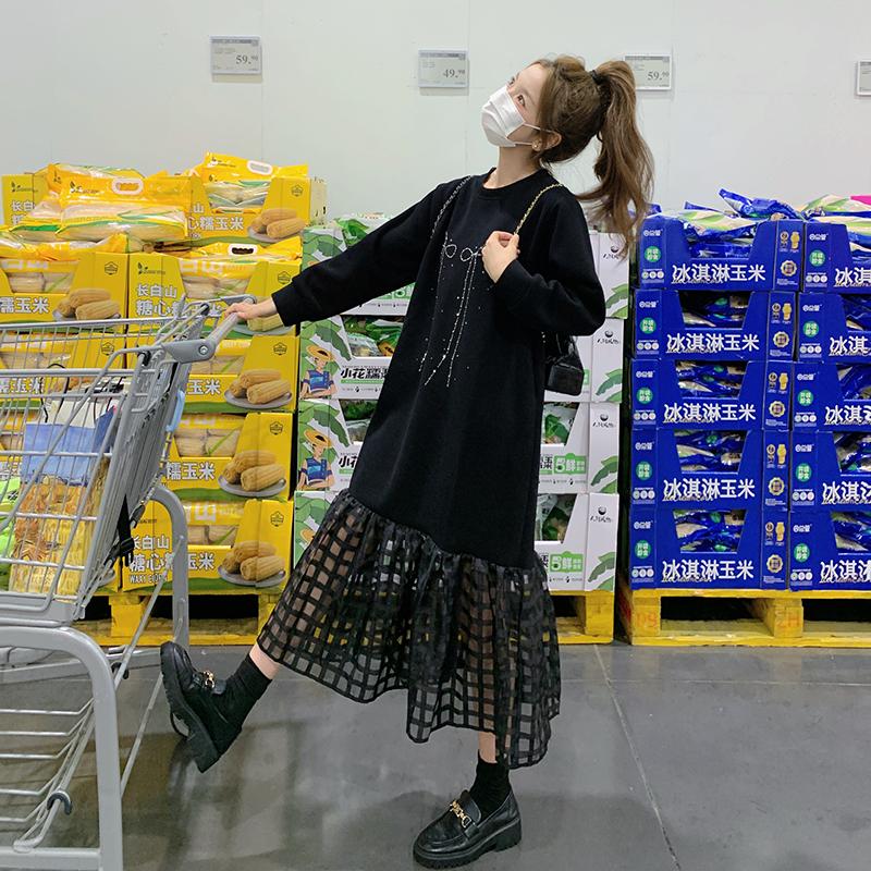 黑色蝴蝶结连衣裙女2025春季新款韩系超好看宽松减龄网纱拼接长裙,女装连衣裙,2D043