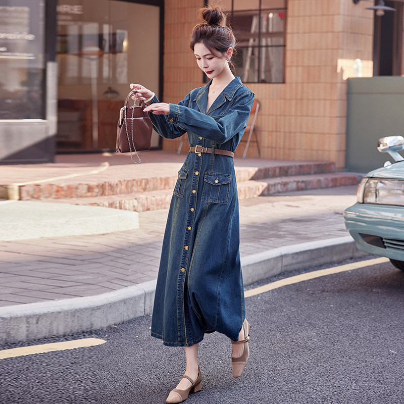 （新款现货）2025春装时尚西装领显瘦长款牛仔连衣裙（配腰带）,女装连衣裙,1D060