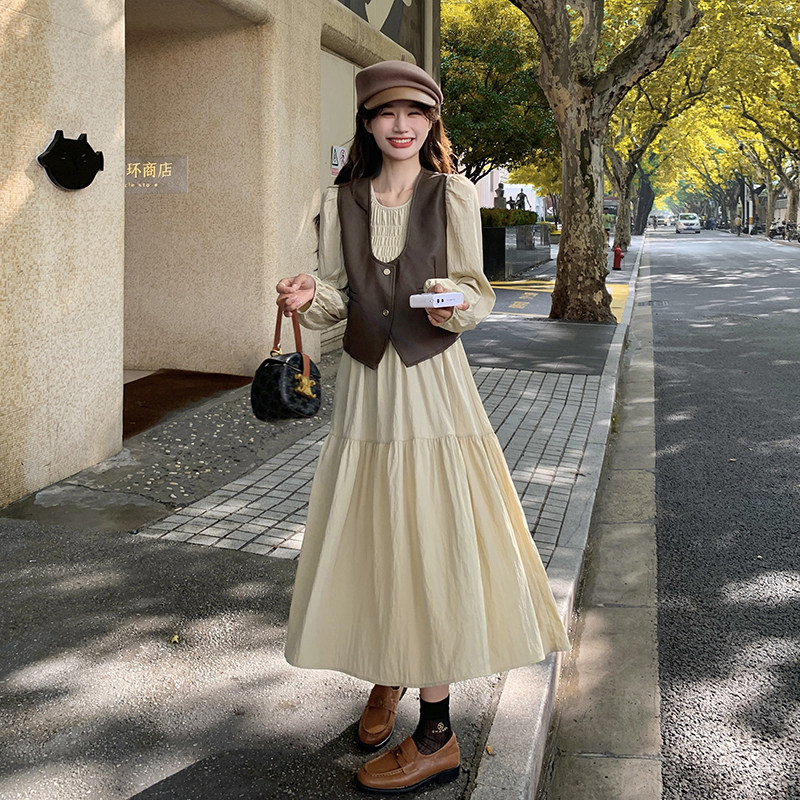 学院风皮衣马甲连衣裙套装女2025秋季新款复古长袖圆领长裙两件套,女装套装/套裙,2C203
