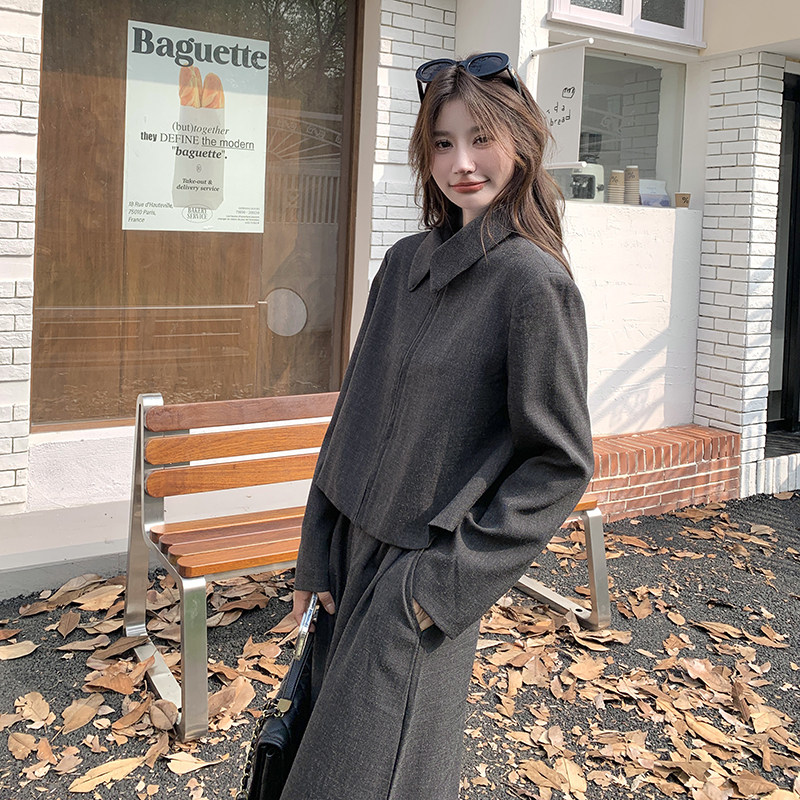 高级感深灰色减龄小香风套装女2025秋季韩系百搭外套阔腿裤两件套,女装套装/套裙,2C277