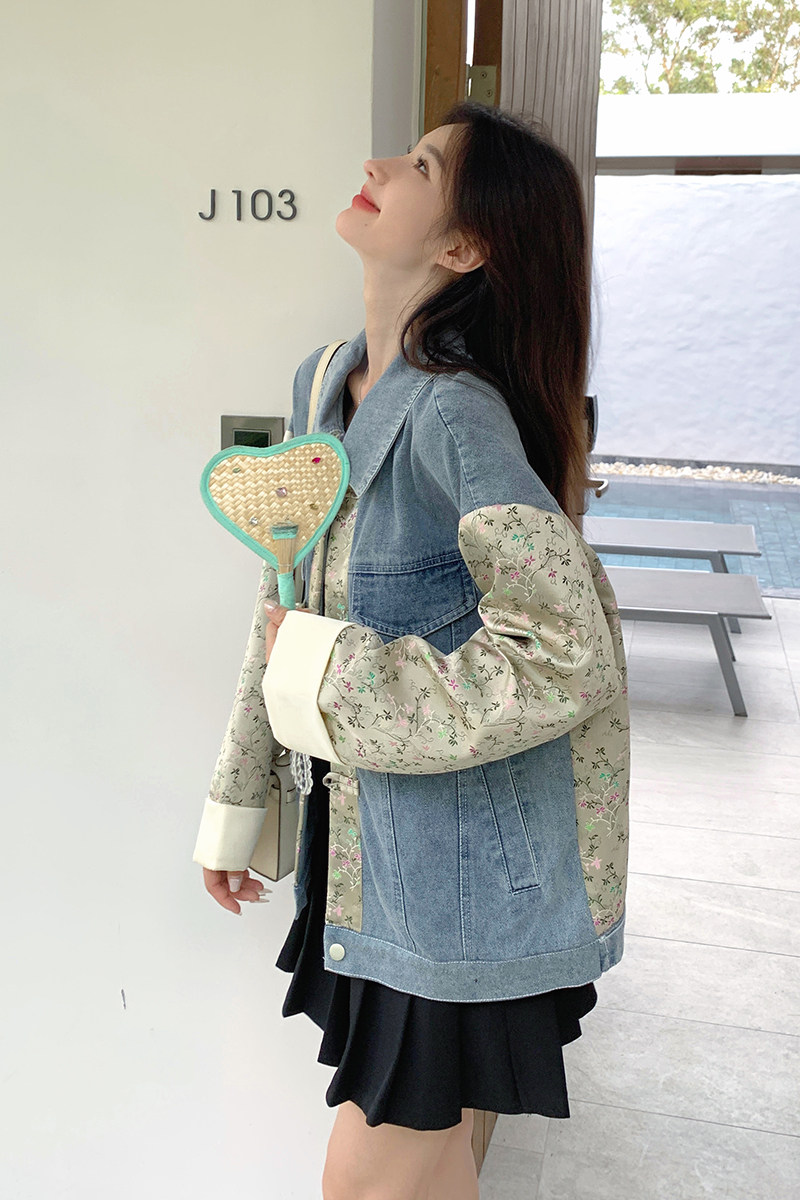 流行印花拼接牛仔外套女2025春秋新款新中式风复古休闲上衣,女装短外套,2C177