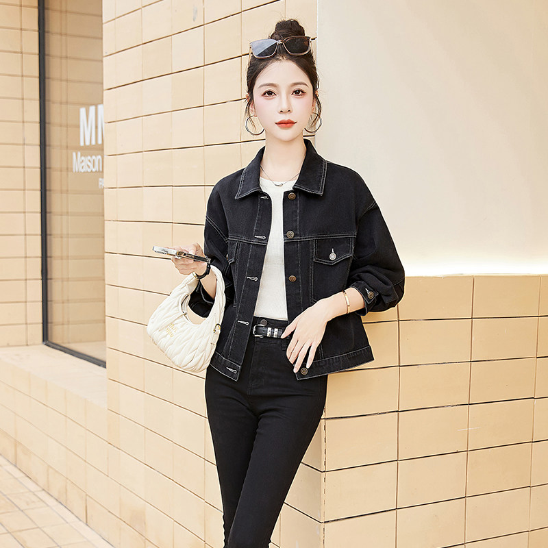 牛仔外套女2025春秋新款流行时尚休闲百搭长袖黑色短款上衣夹克，女装牛仔外套，自然秀,女装短外套,自然秀