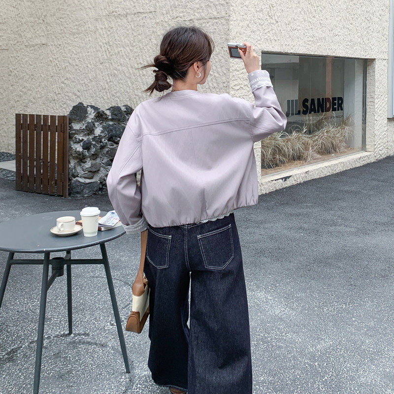 【26现货新款】春拼接短款单排扣圆领皮衣外套,女装皮衣,2C215