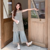新中式独特别致套装女夏季新款显瘦蕾丝拼接牛仔上衣阔腿裤两件套，女装套装/套裙，2C271