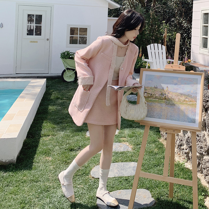 粉色小香风西装套装女春2025新款温柔风显瘦高端半身包臀裙两件套,女装套装/套裙,2C212
