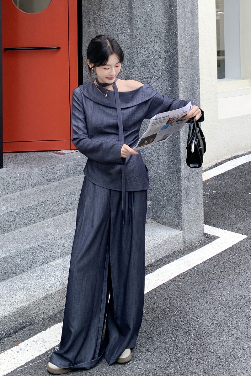 气质飘带露肩上衣休闲裤套装女秋2025新款大方得体流行超火两件套,女装套装/套裙,2C159