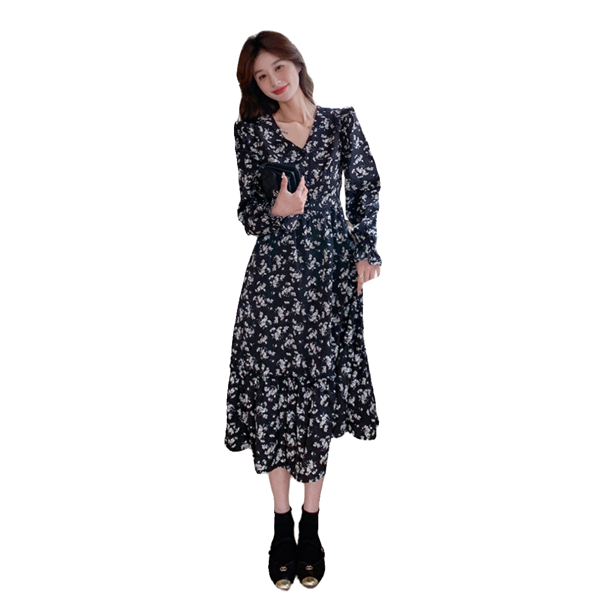 黑色碎花连衣裙女2025年春夏新款法式复古高级感气质显瘦v领长裙,女装连衣裙,2C032