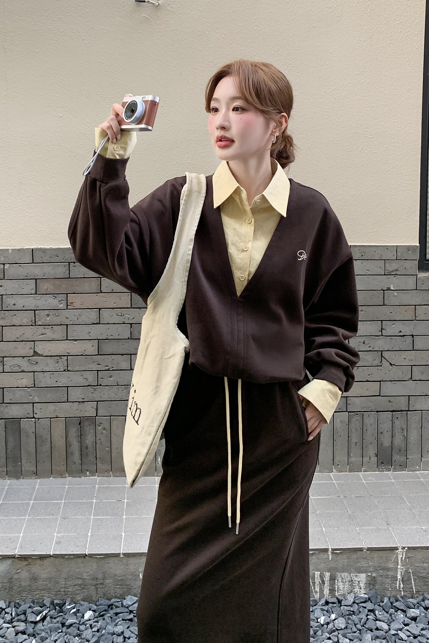 咖色衬衫拼接假两件卫衣套装裙女2025秋新款复古显瘦半身裙两件套,女装套装/套裙,2C275