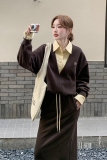 咖色衬衫拼接假两件卫衣套装裙女2025秋新款复古显瘦半身裙两件套，女装套装/套裙，2C275