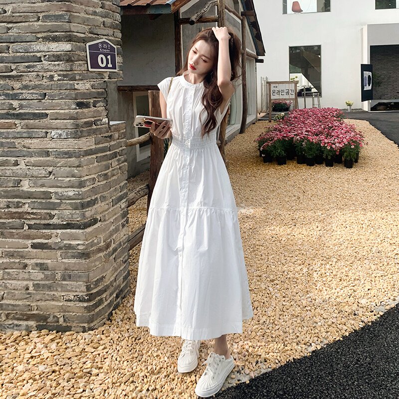 气质大方白色无袖衬衫连衣裙女夏2025新款高级设计感小众收腰长裙,女装连衣裙,2C159
