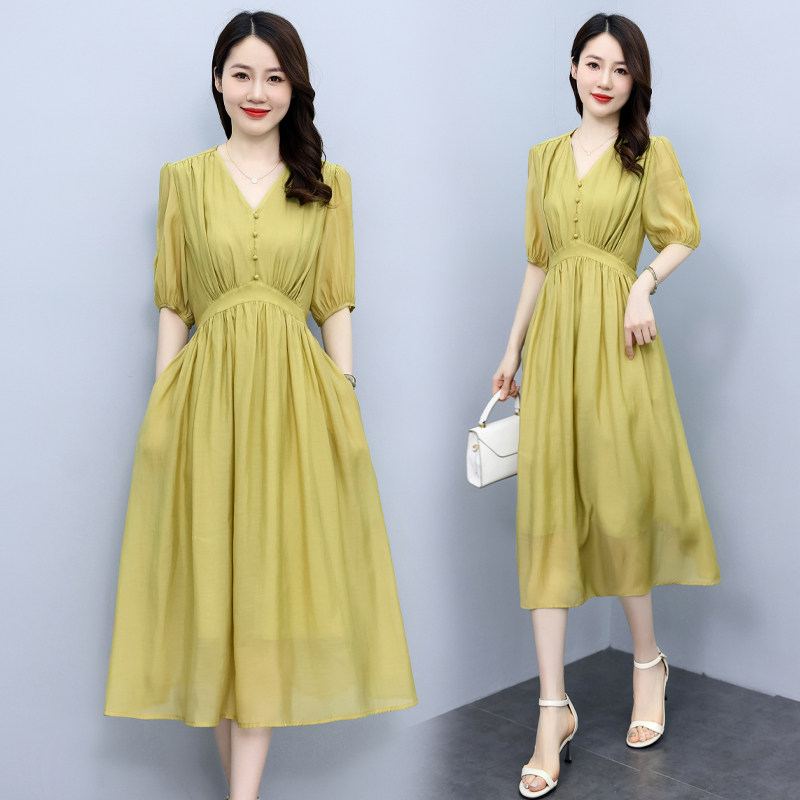 高级感天丝连衣裙女2024夏季新款收腰显瘦法式泡泡袖洋气减龄裙子,女装连衣裙,奕可儿