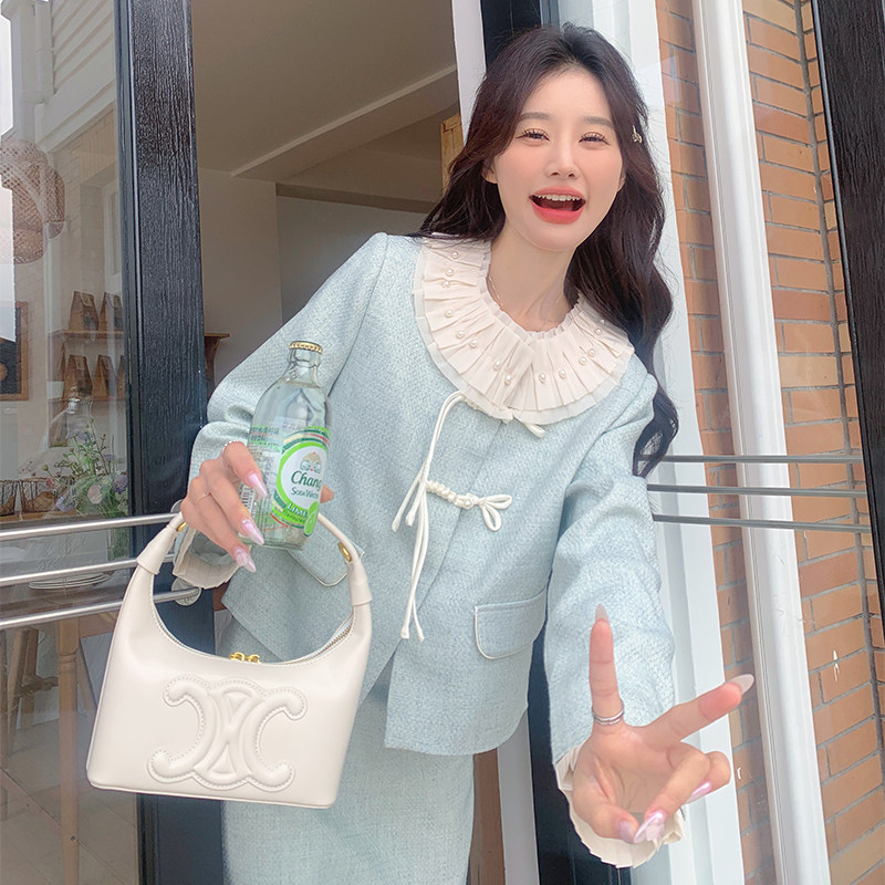 蓝色新中式国风西装套装裙女春秋2025新款流行超好看半身裙两件套,女装套装/套裙,2C203