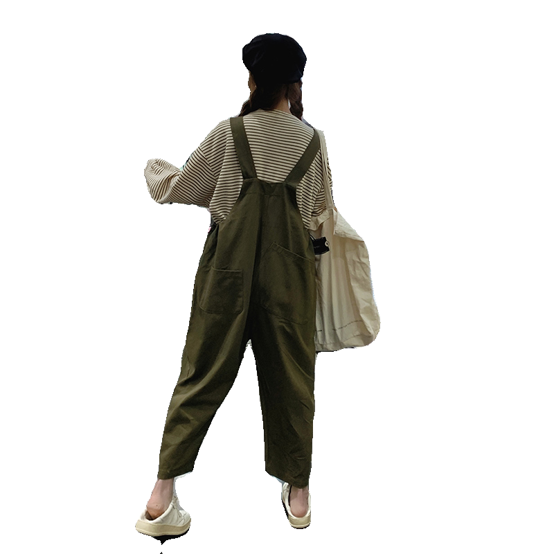 日系绿色工装背带裤女春秋2025超火森系穿搭减龄宽松慵懒,女装休闲裤,2C177
