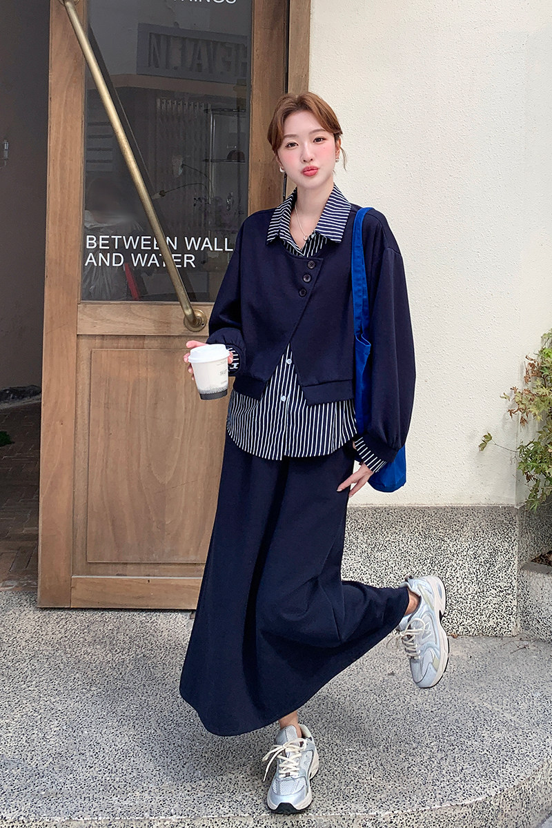 藏青色设计感条纹撞色卫衣半身裙套装两件套女秋新款慵懒风松弛感,女装套装/套裙,1D066-1