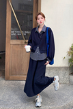 藏青色设计感条纹撞色卫衣半身裙套装两件套女秋新款慵懒风松弛感，女装套装/套裙，1D066-1