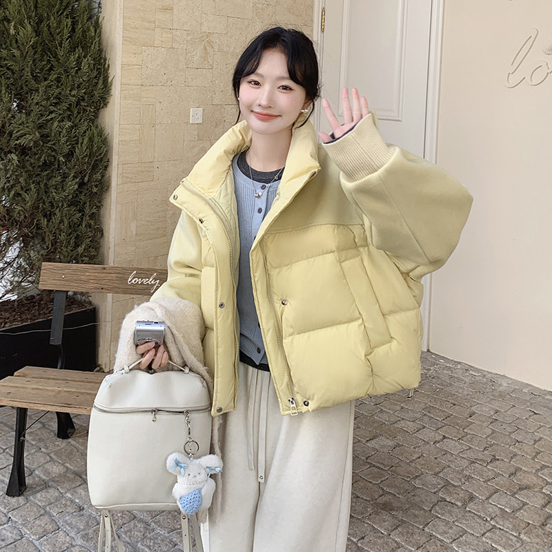 毛呢拼接保暖黄色羽绒服外套女冬季2025新款小个子流行爆款面包服,女装羽绒服,2C203