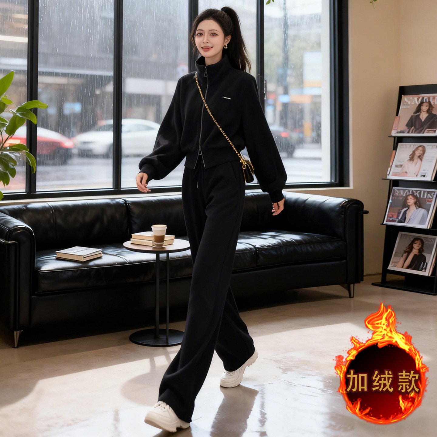 休闲运动套装女秋冬款韩版宽松显瘦双头拉链开衫外套阔腿裤两件套,女装套装/套裙,2C310