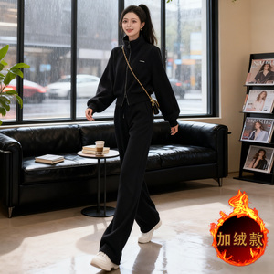 休闲运动套装女秋冬款韩版宽松显瘦双头拉链开衫外套阔腿裤两件套图片