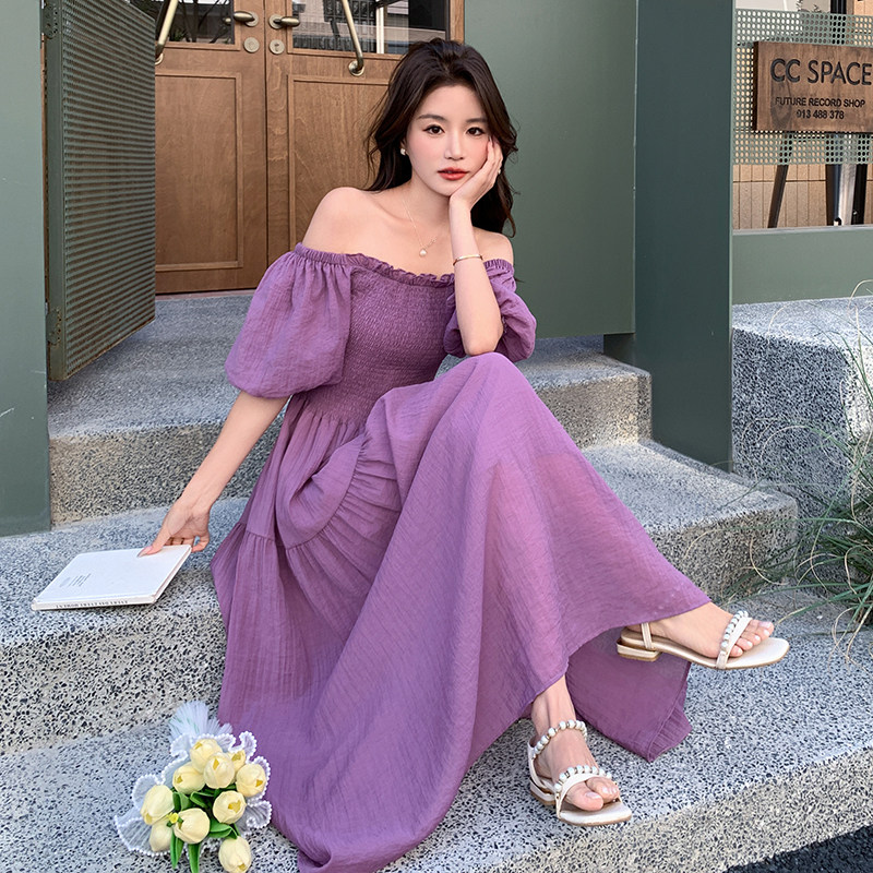 紫色泡泡袖方领连衣裙女2025夏季新款法式复古气质绝美别致长裙潮,女装连衣裙,2C122