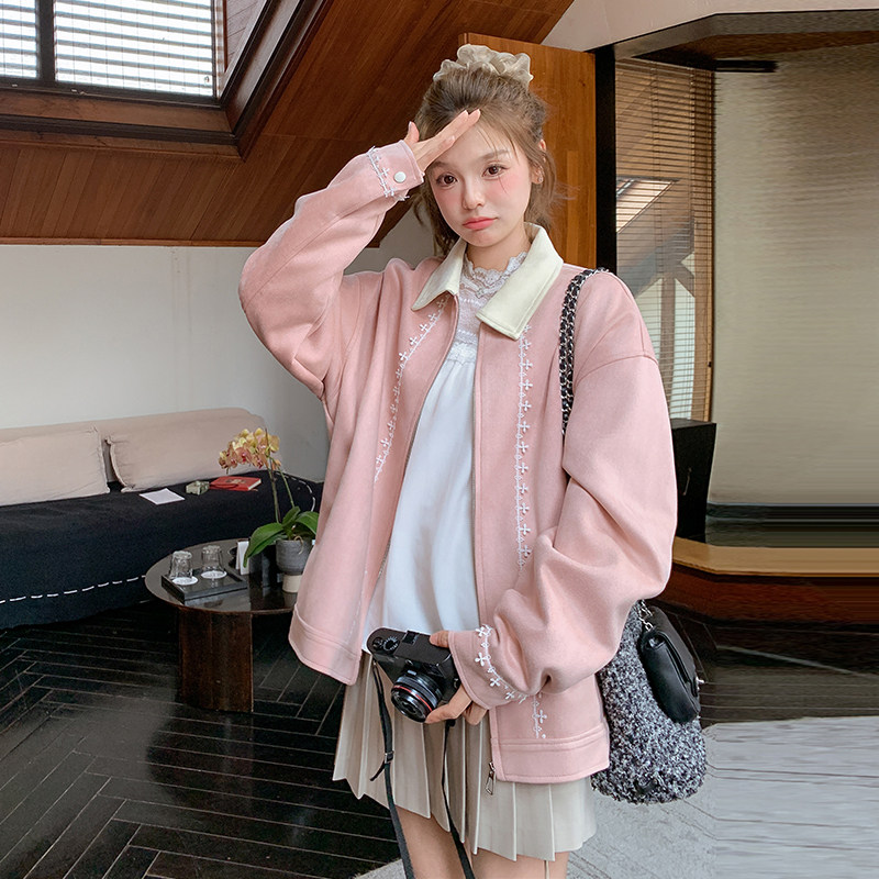 文艺风休闲粉色开衫外套女春秋2025新款超火好看蕾丝拼接夹克上衣,女装短外套,2D035