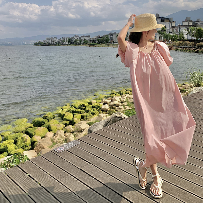 法式复古甜美泡泡袖连衣裙女2025夏季新款韩版宽松显瘦桔梗长裙子,女装连衣裙,2C087