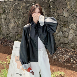 条纹拼接皮衣外套女春秋2025新款爆款机车服pu皮夹克小个子流行图片