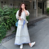 甜美米白色泡泡袖衬衫半身裙套装女夏韩系绝美清纯系两件套巨好看，女装套装/套裙，2C227